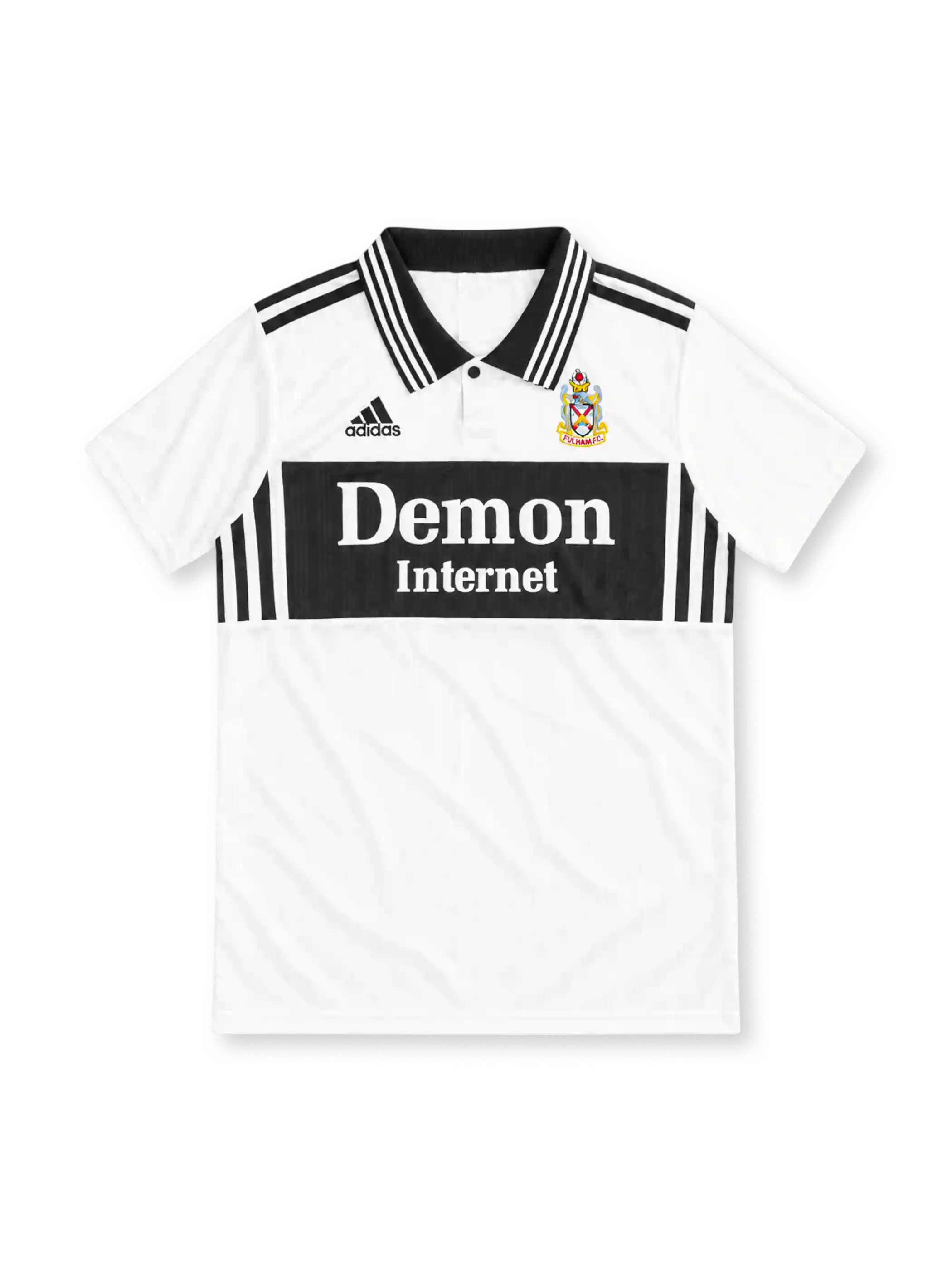 Fulham 1998/99 white home jersey with black striped collar, black chest panel, adidas logo and Demon Internet sponsor