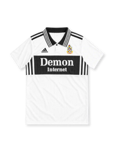 Fulham 1998/99 white home jersey with black striped collar, black chest panel, adidas logo and Demon Internet sponsor