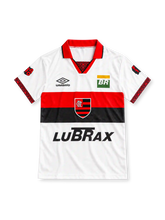 Flamengo 1995 white away jersey with red and black chest band, club crest, Umbro logo and Lubrax sponsor
