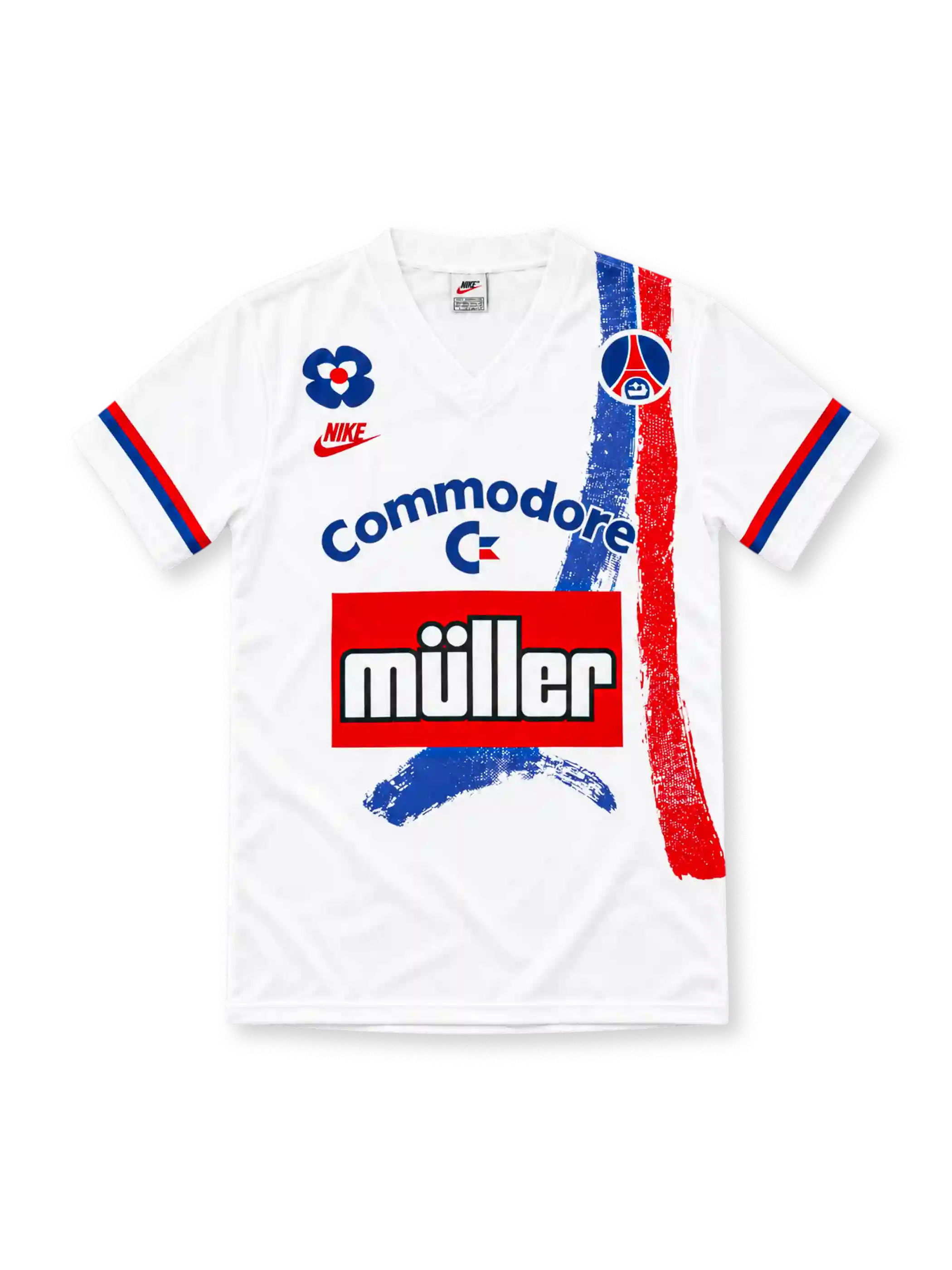 Paris Saint-Germain 1991/92 white jersey with blue and red Eiffel Tower brushstrokes, Nike logo, Commodore and Müller sponsors
