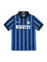 Inter Milan 2011/12 blue and black striped home jersey with black polo collar, Nike logo and Pirelli sponsor