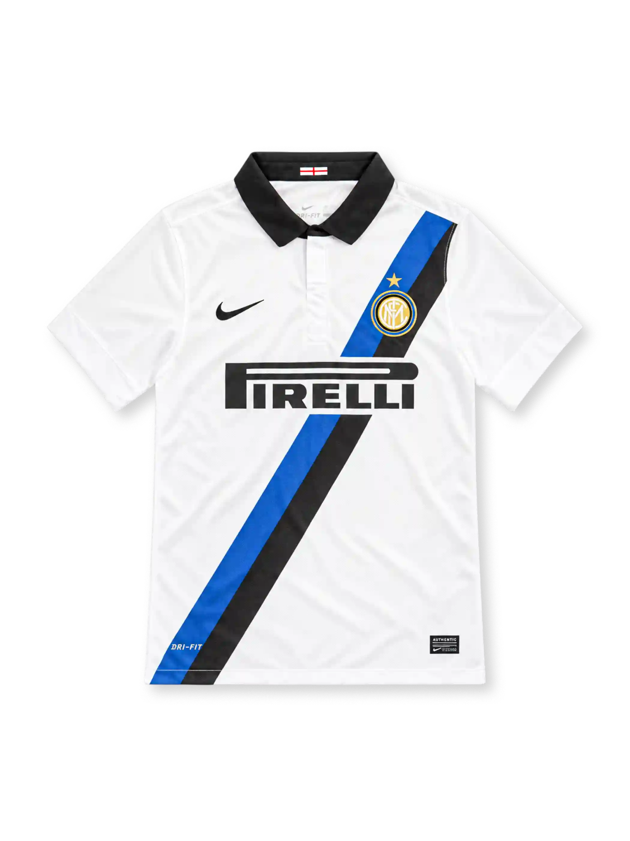 Inter Milan 2011/12 white away jersey with blue and black diagonal sash, Nike logo and Pirelli sponsor