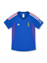 France 2002 royal blue home jersey with red and white shoulder stripes, adidas logo and gold FFF rooster crest