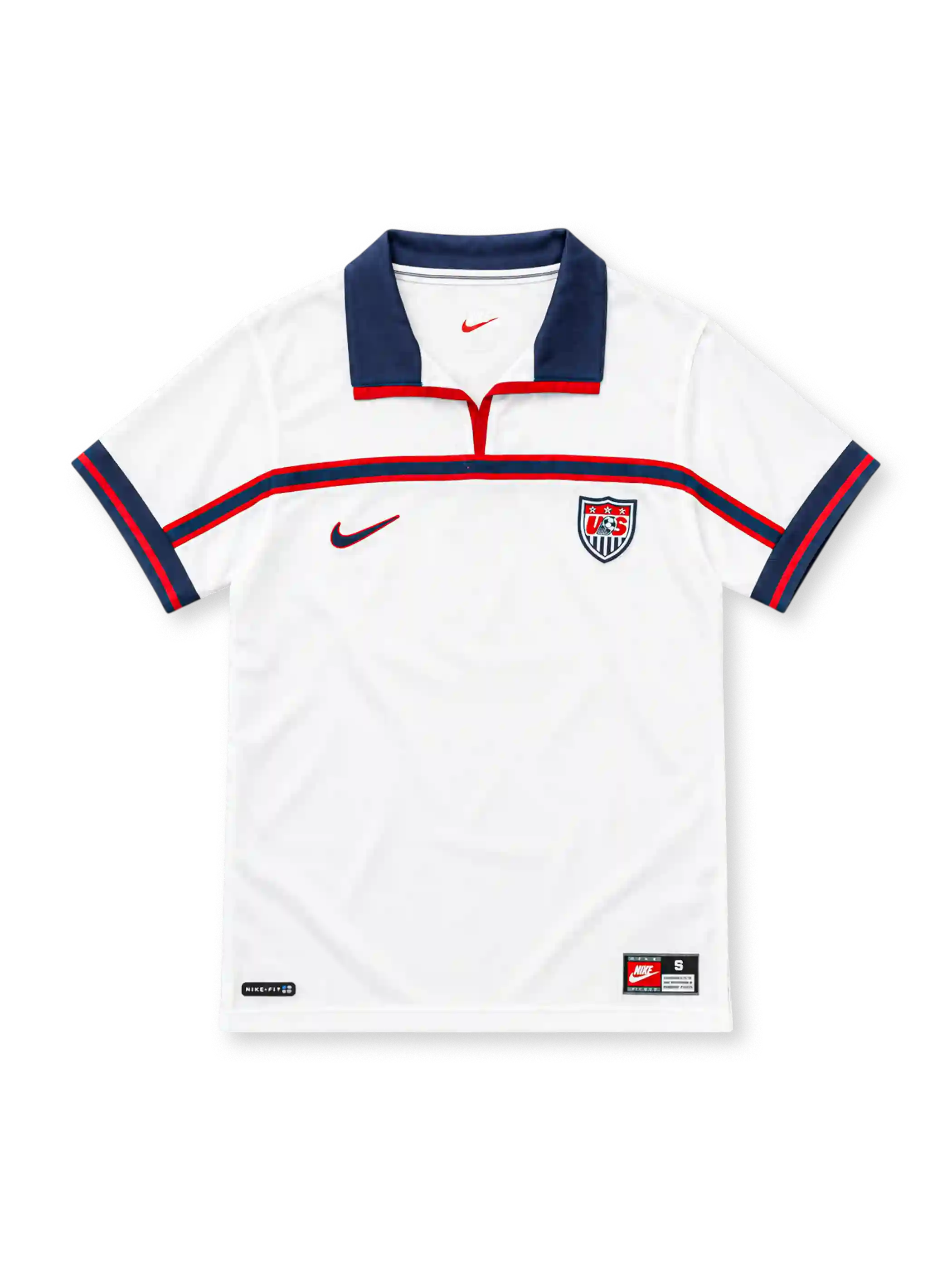 USA 1998 white home jersey with navy polo collar, navy chest band, Nike logo and U.S. Soccer crest