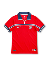 USA 1998 red away jersey with navy polo collar, navy chest band, Nike logo and U.S. Soccer crest