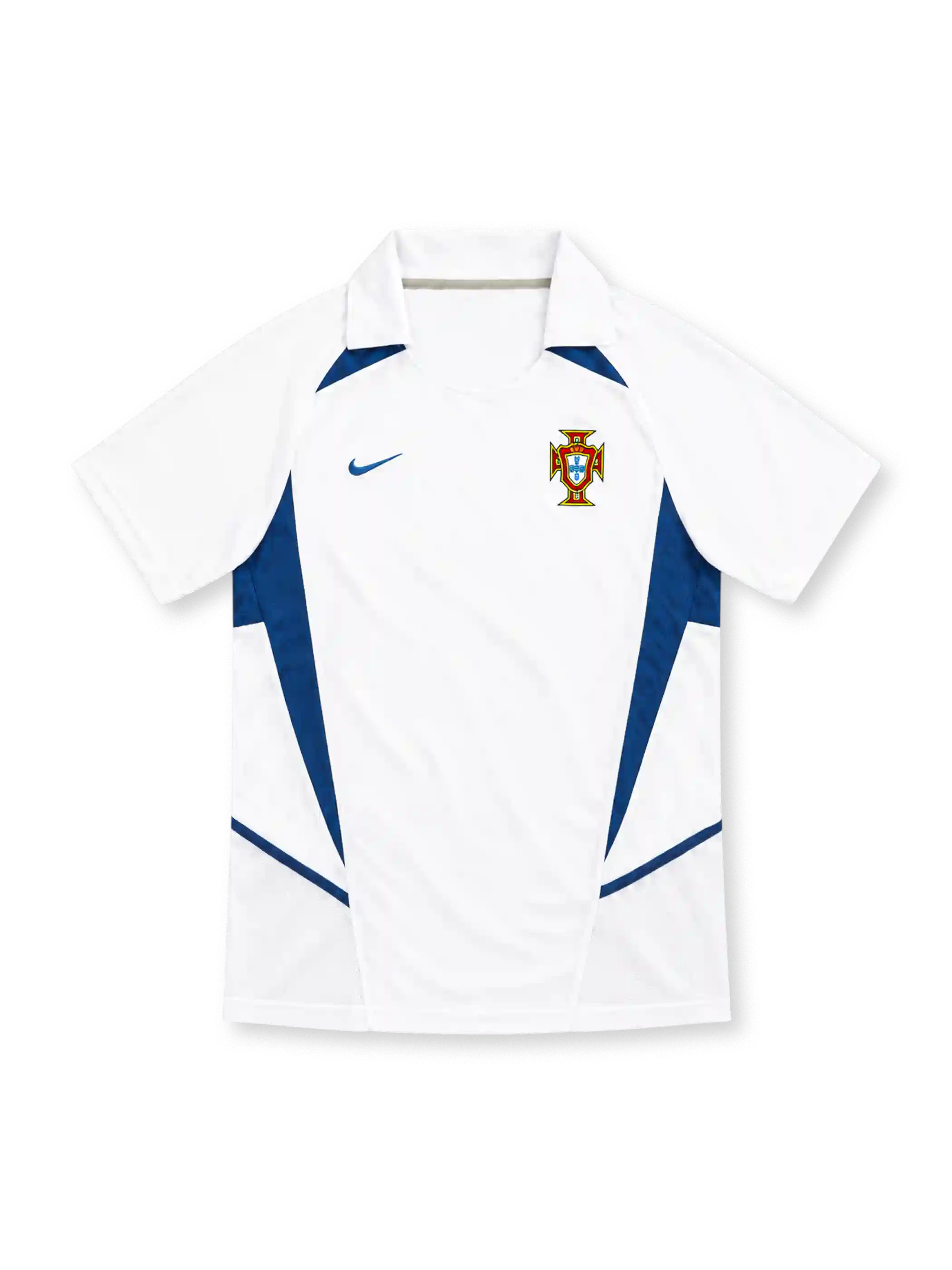 Portugal 2002 white away jersey with blue angular panels, polo collar, Nike logo and federation crest
