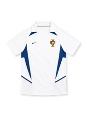Portugal 2002 white away jersey with blue angular panels, polo collar, Nike logo and federation crest