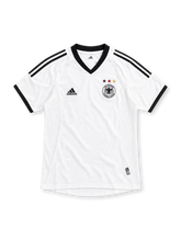 Germany 2002 white home jersey with black V-neck, black adidas stripes and three-star DFB crest