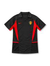 Belgium 2002 black away jersey with red angular panels, polo collar, Nike logo and federation crest