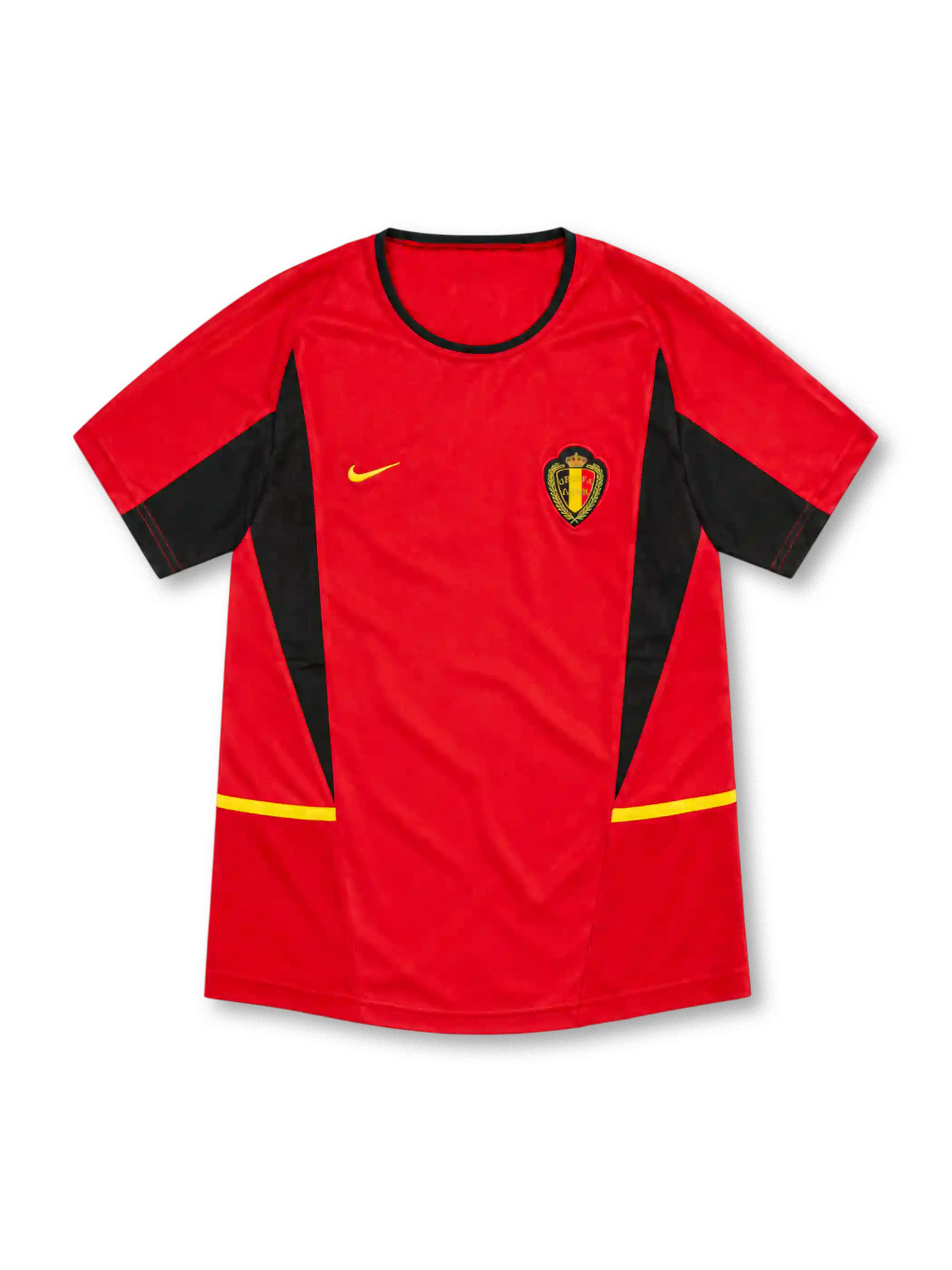 Belgium 2002 red home jersey with black angular panels, yellow accents, Nike logo and federation crest