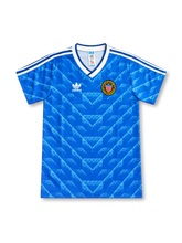 USA 1988 royal blue away jersey with tonal geometric pattern, adidas trefoil logo and federation badge