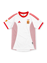 Spain 2002 white away jersey with red collar, red adidas stripes, red mesh side panels and embroidered crest