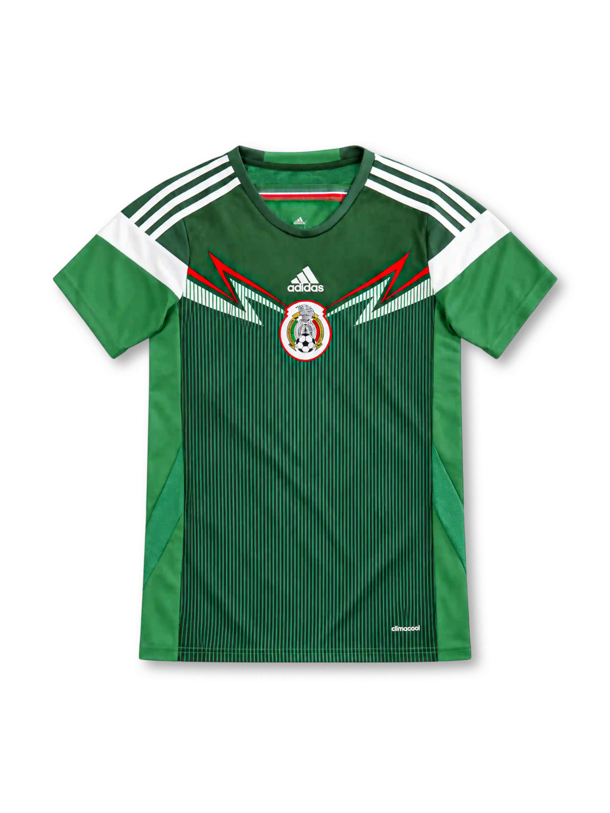 Mexico 2014 green home jersey with red and white chevron chest graphic, adidas logo and centred federation crest