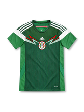 Mexico 2014 green home jersey with red and white chevron chest graphic, adidas logo and centred federation crest