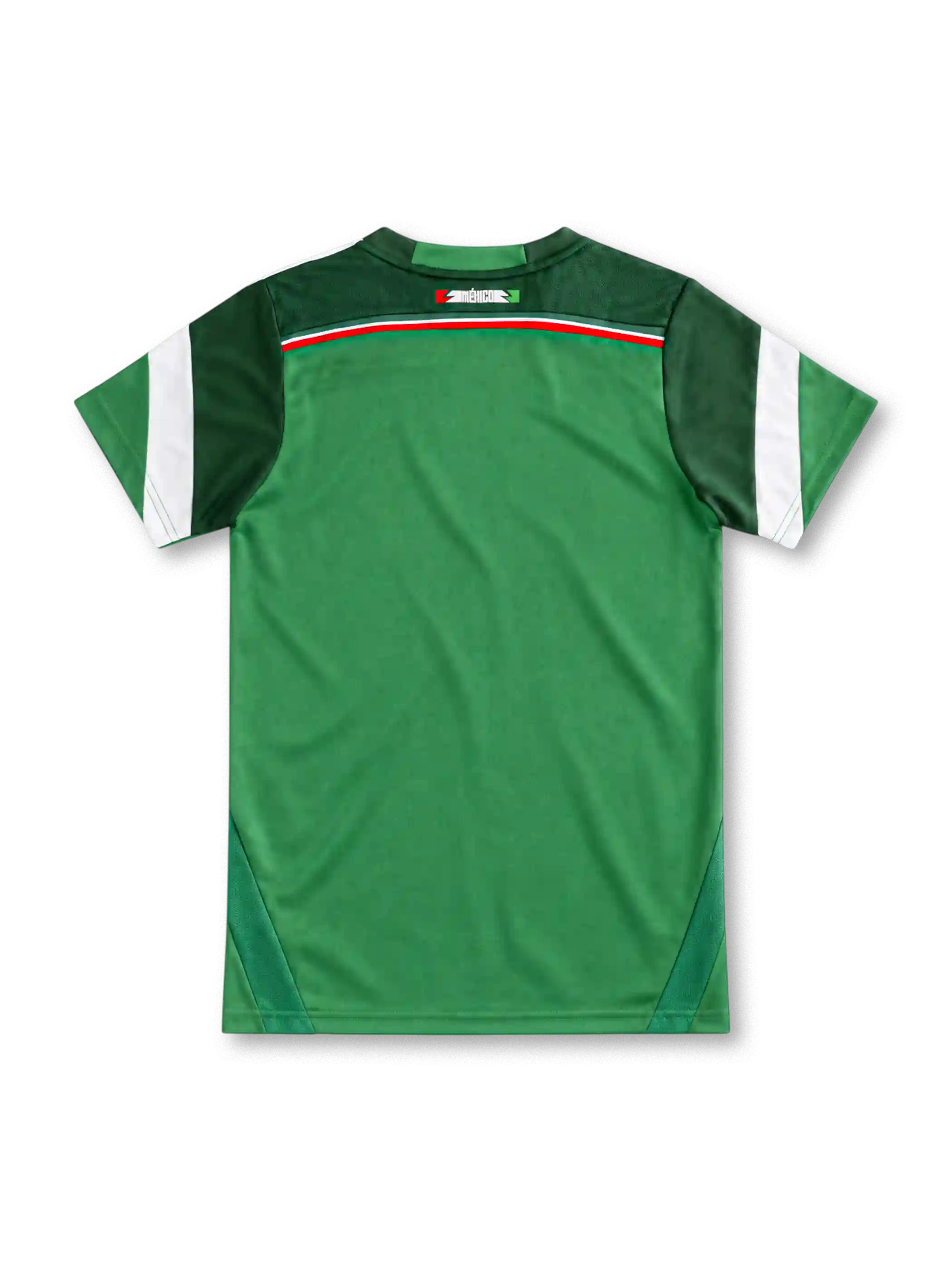 Mexico 2014 green home jersey with red and white chevron chest graphic, adidas logo and centred federation crest