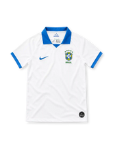 Brazil 2019 white away jersey with royal blue collar and cuffs, Nike logo and five-star CBF crest