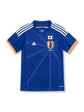 Japan 2014 royal blue home jersey with tonal lines, white adidas stripes, orange cuffs and JFA crest