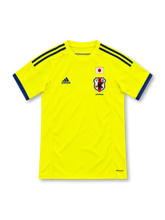 Japan 2014 neon yellow away jersey with navy adidas stripes, navy cuffs and JFA crest