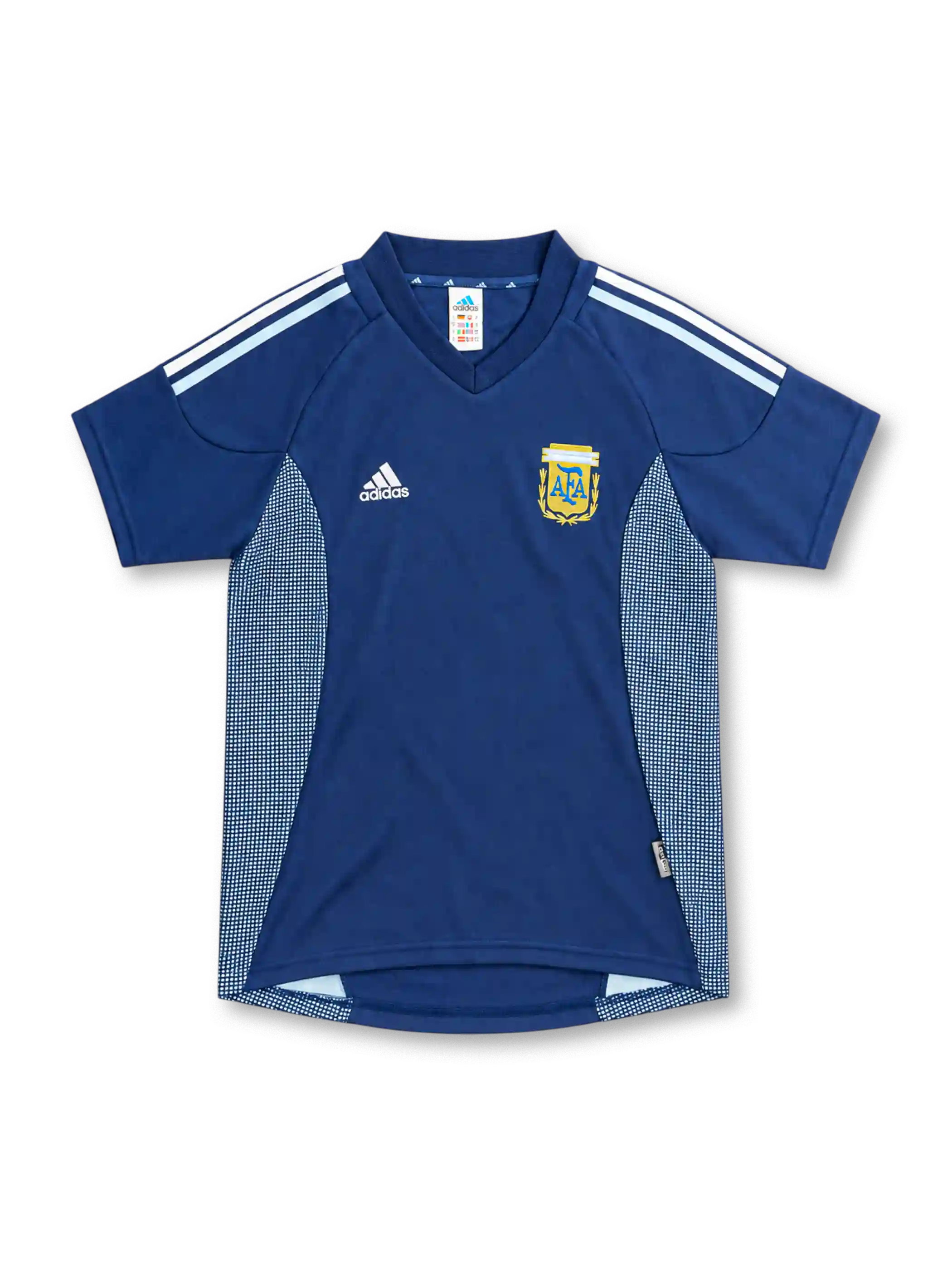 Argentina 2002 navy away jersey with white and sky blue stripes, dotted mesh side panels, adidas logo and AFA crest