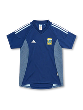 Argentina 2002 navy away jersey with white and sky blue stripes, dotted mesh side panels, adidas logo and AFA crest