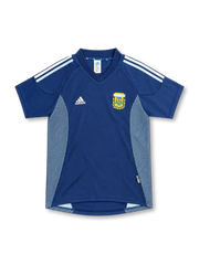 Argentina 2002 navy away jersey with white and sky blue stripes, dotted mesh side panels, adidas logo and AFA crest