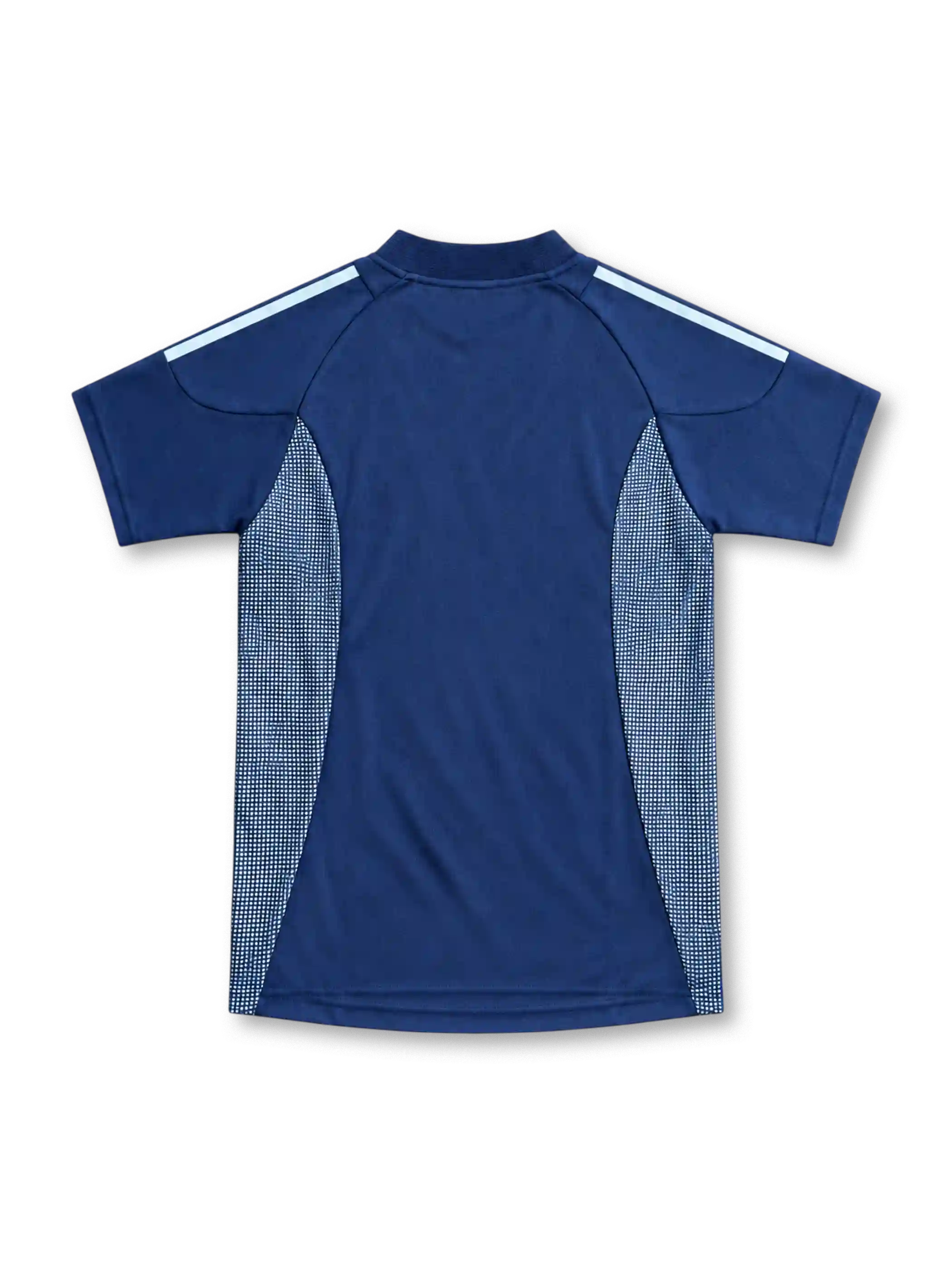 Argentina 2002 navy away jersey with white and sky blue stripes, dotted mesh side panels, adidas logo and AFA crest
