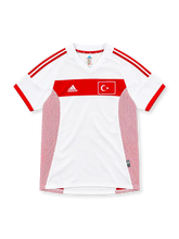 Turkey 2002 white away jersey with red chest band, red adidas stripes, red mesh side panels and flag emblem
