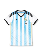 Argentina 2014 sky blue and white striped home jersey with black collar, adidas logo and two-star AFA crest