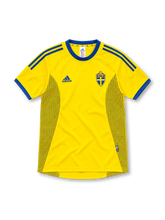 Sweden 2002 yellow home jersey with blue collar, blue adidas stripes, dotted mesh side panels and S.F.F. crest