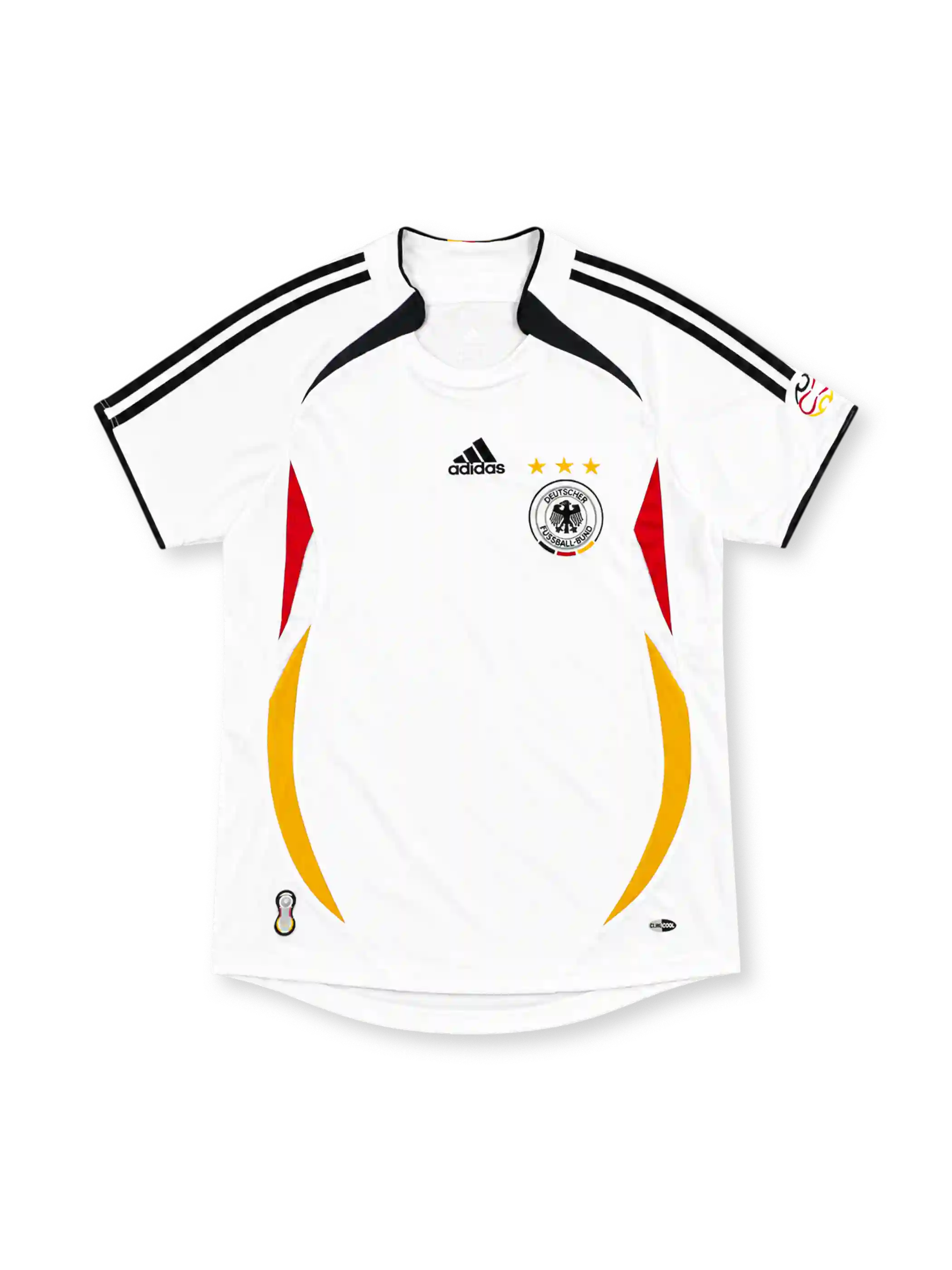 Germany 2006 white home jersey with black, red and gold side panels, adidas logo and three-star DFB crest