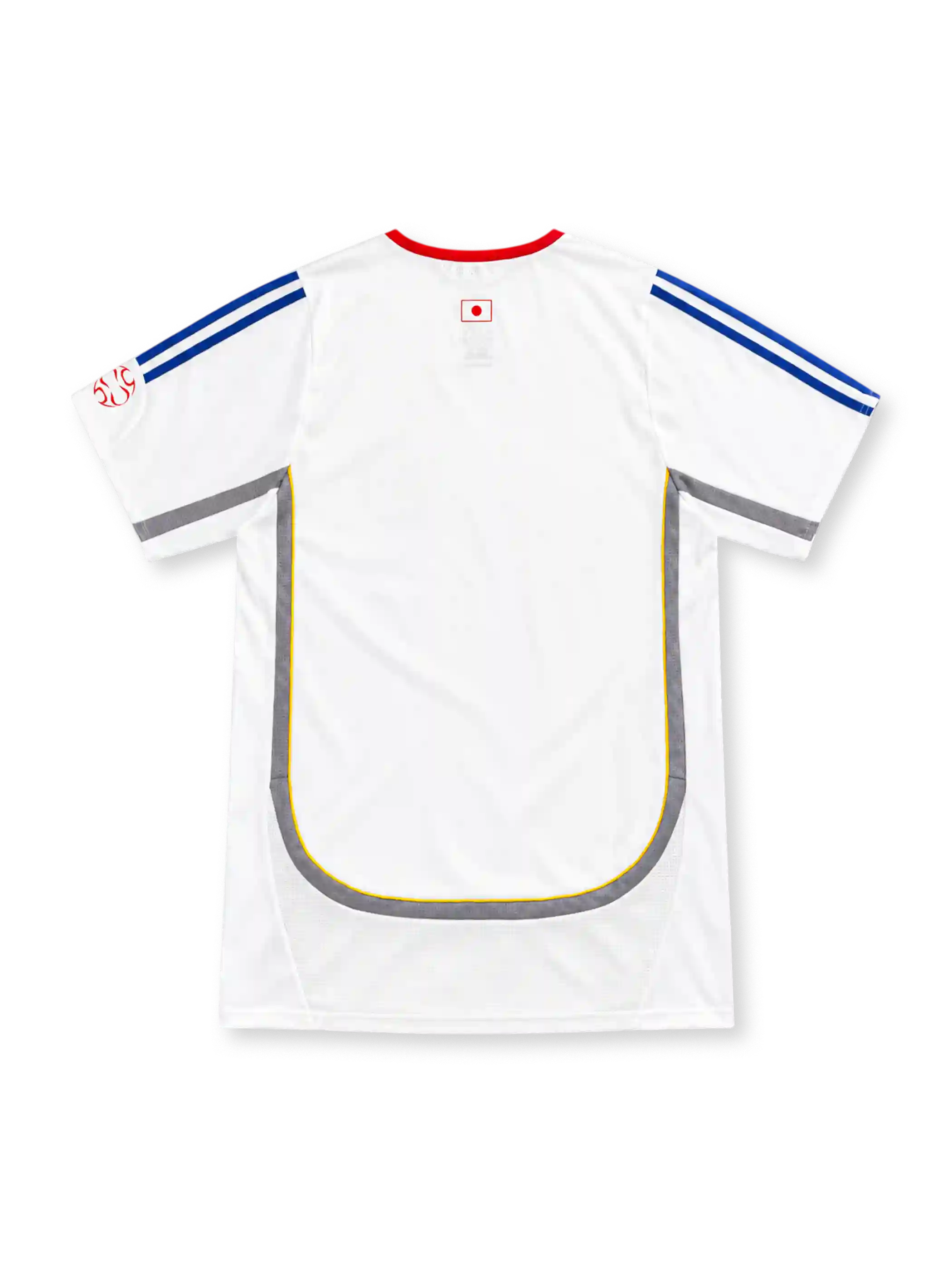 Japan 2006 white away jersey with red collar, blue adidas stripes, grey side panels and JFA crest