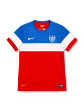 USA 2014 away jersey with blue, white and red colour blocks, Nike logo and U.S. Soccer crest