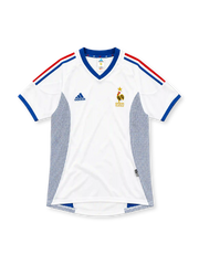 France 2002 white away jersey with blue V-neck, red and blue adidas stripes and gold FFF rooster crest