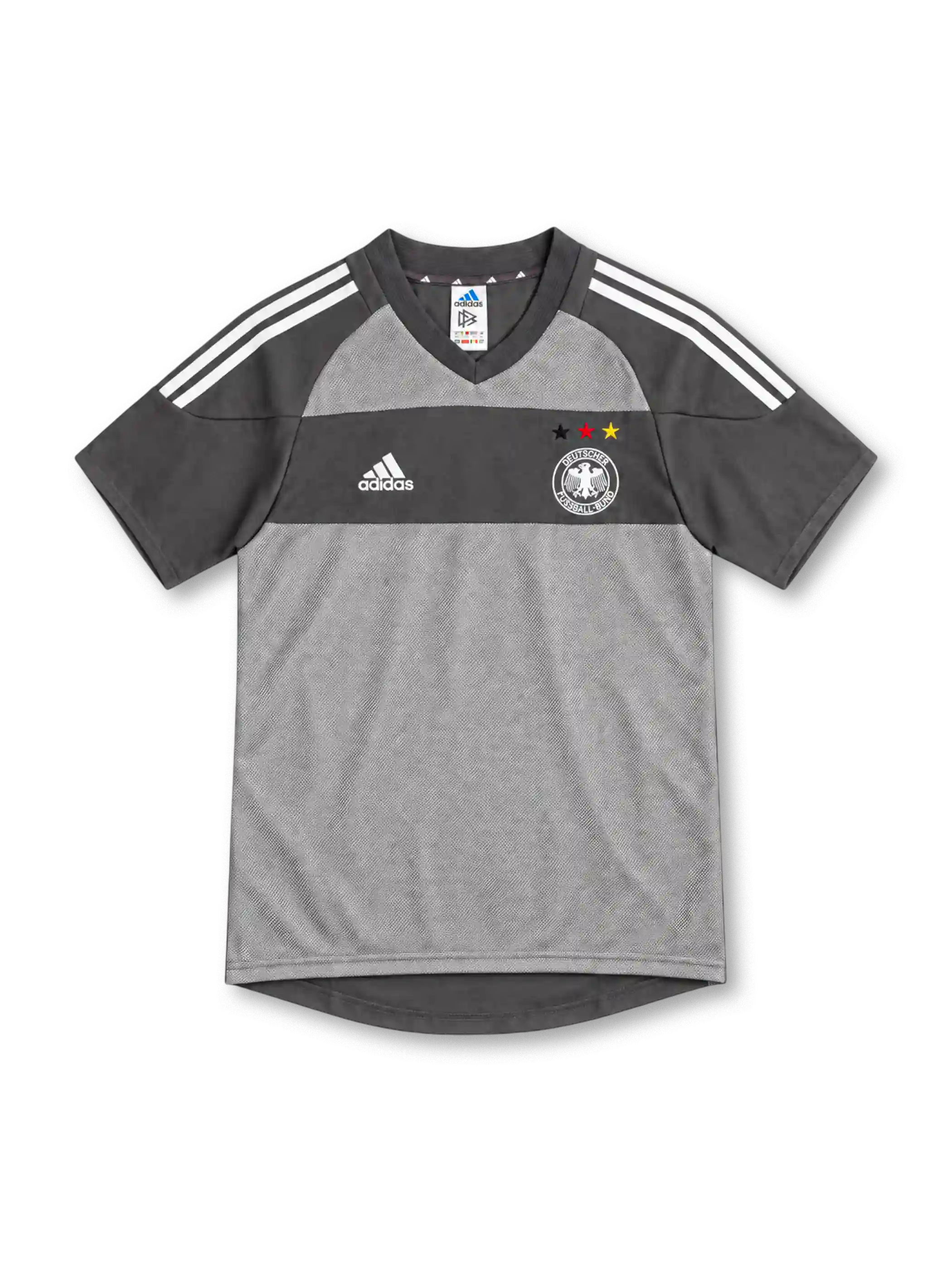 Germany 2002 grey away jersey with charcoal chest band, white adidas stripes and three-star DFB crest