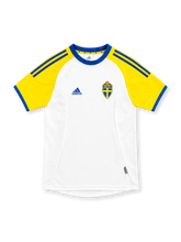Sweden 2002 white away jersey with yellow raglan sleeves, blue adidas stripes and S.F.F. crest