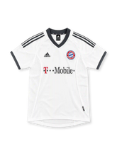 Bayern Munich 2002/03 white away jersey with charcoal adidas stripes, club crest and T-Mobile sponsor