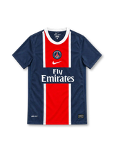 Paris Saint-Germain 2011/12 navy home jersey with red and white centre stripe, Nike logo and Fly Emirates sponsor