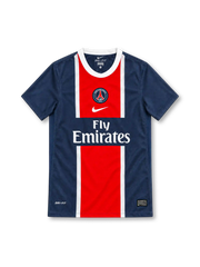 Paris Saint-Germain 2011/12 navy home jersey with red and white centre stripe, Nike logo and Fly Emirates sponsor