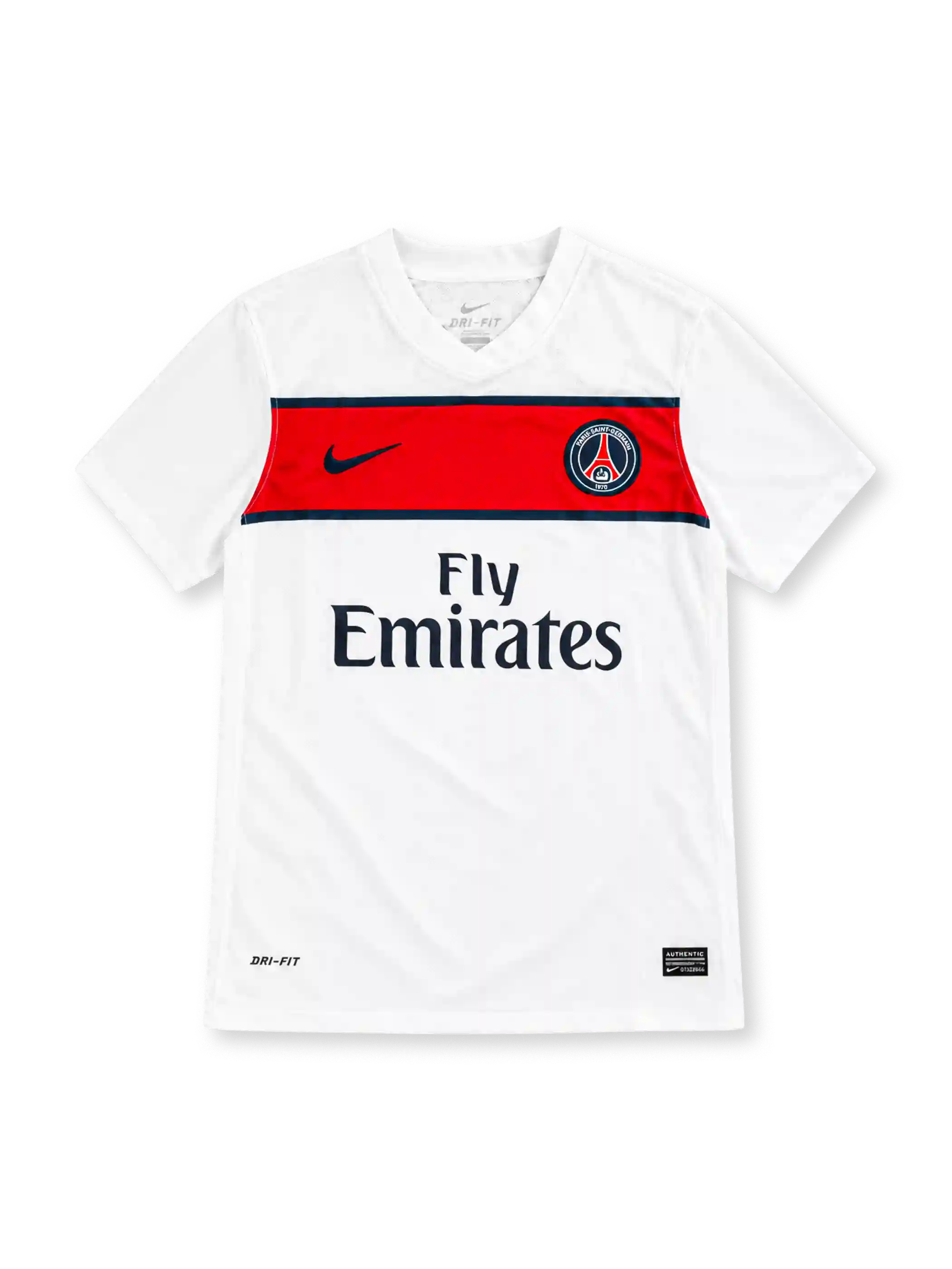 Paris Saint-Germain 2011/12 white away jersey with red chest band, Nike logo and Fly Emirates sponsor