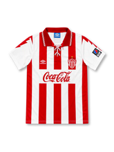 Necaxa 1994/95 red and white striped home jersey with lace-up collar, Umbro logo and Coca-Cola sponsor