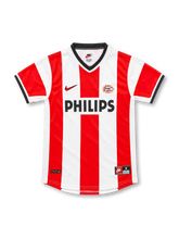 PSV 1998/99 red and white striped home jersey with black V-neck, Nike logo and Philips sponsor