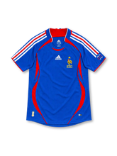 France 2006 royal blue home jersey with red side panels, red and white adidas stripes and gold FFF crest