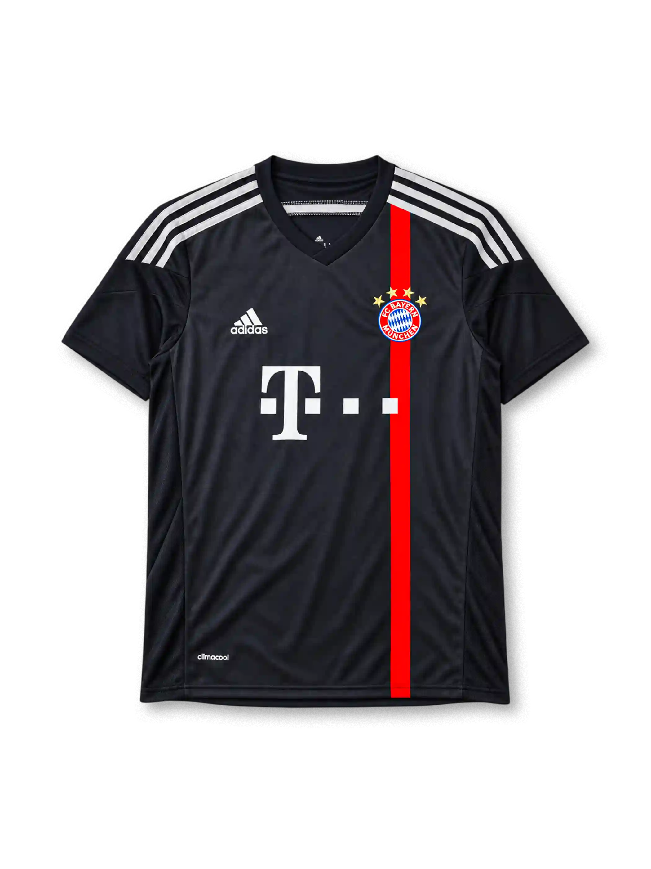 Bayern Munich 2014/15 black Adidas away jersey with red vertical stripe and Telekom sponsor