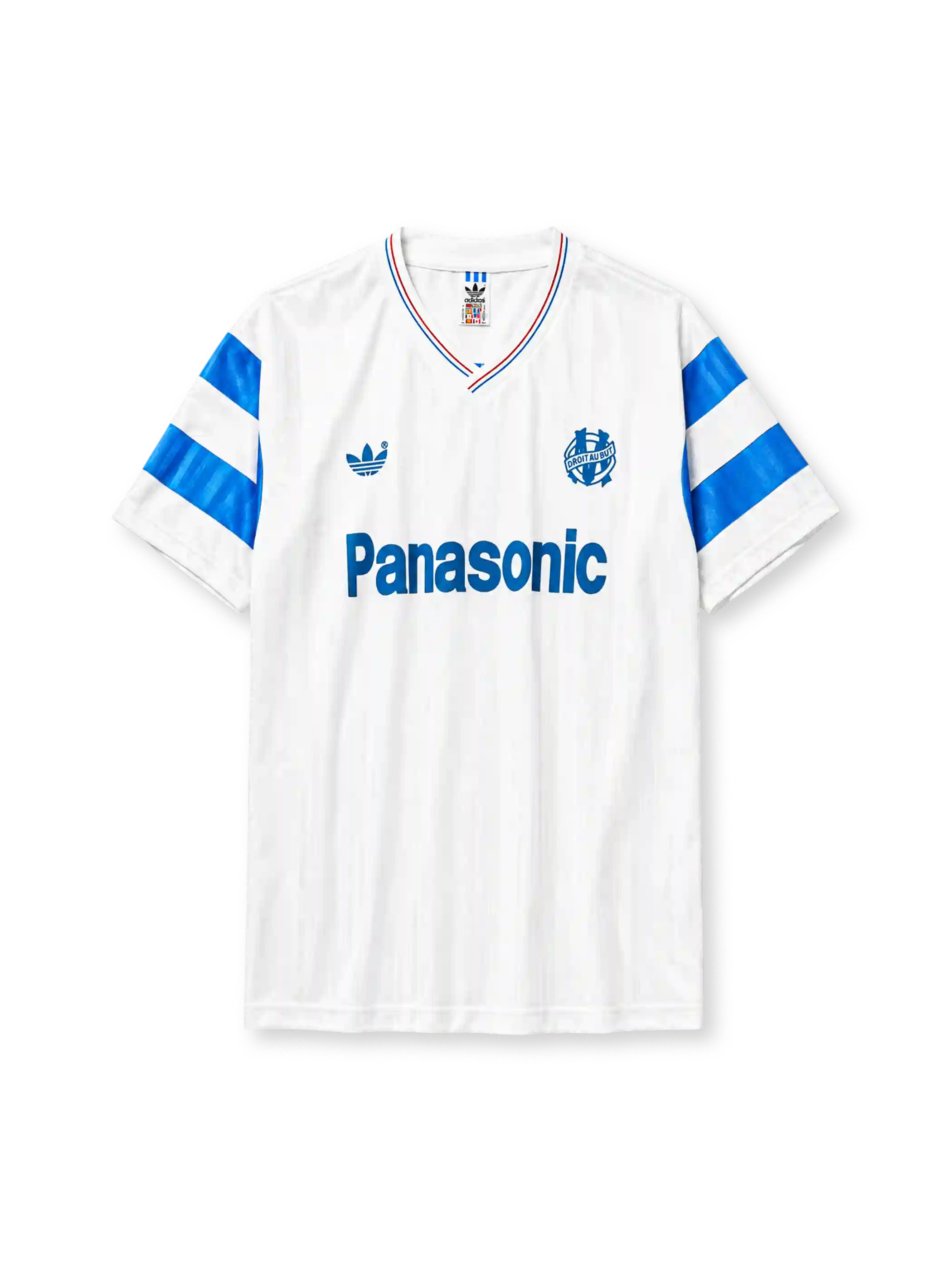 Marseille 1990 home jersey with blue sleeve stripes