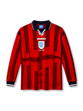 England 1998 red long-sleeve away jersey with tonal flag graphic, navy collar, Umbro logo and Three Lions crest