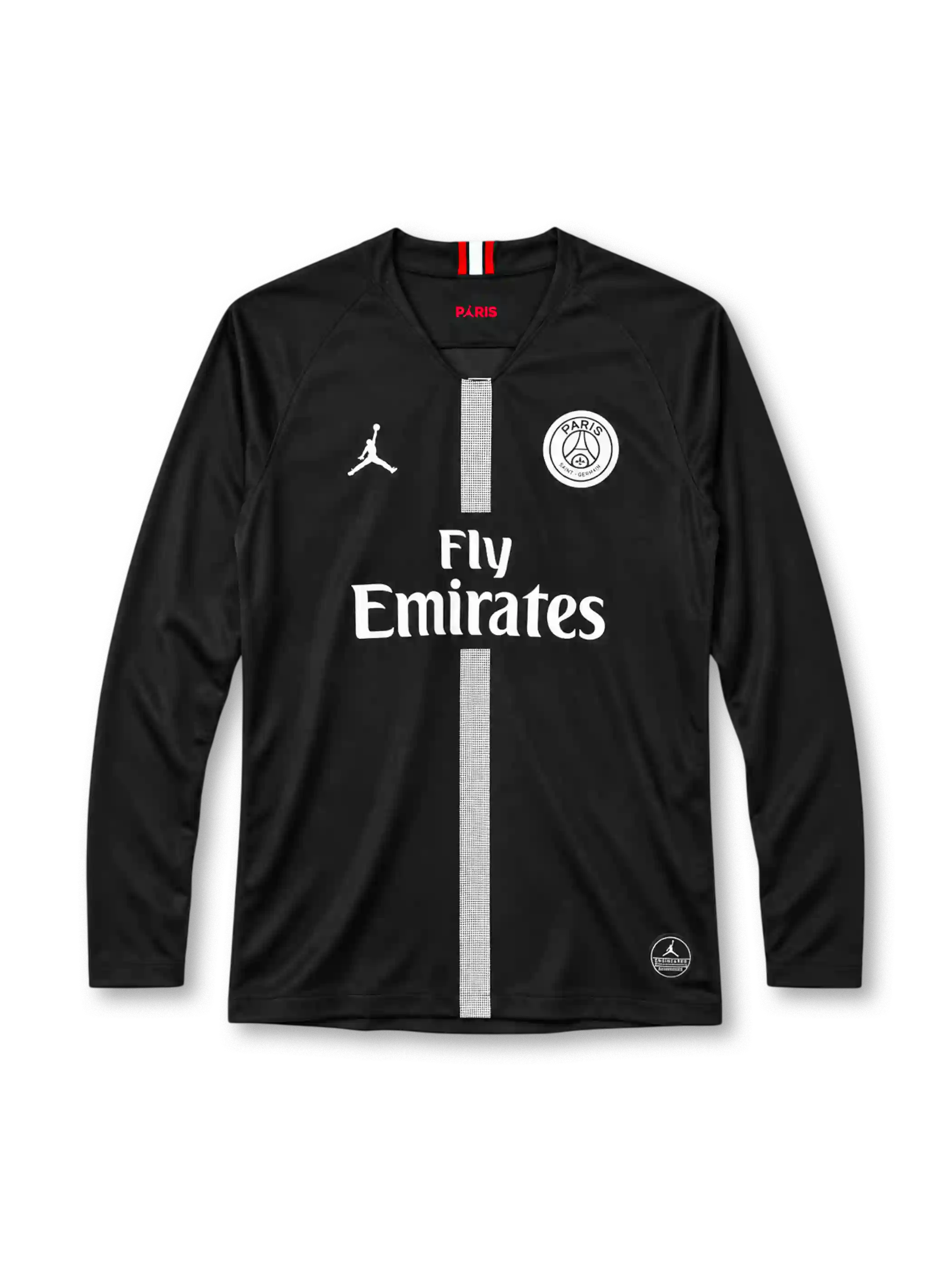 Paris Saint-Germain 2018/19 black long-sleeve jersey with grey centre stripe, Jordan Jumpman logo and Fly Emirates sponsor