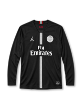 Paris Saint-Germain 2018/19 black long-sleeve jersey with grey centre stripe, Jordan Jumpman logo and Fly Emirates sponsor