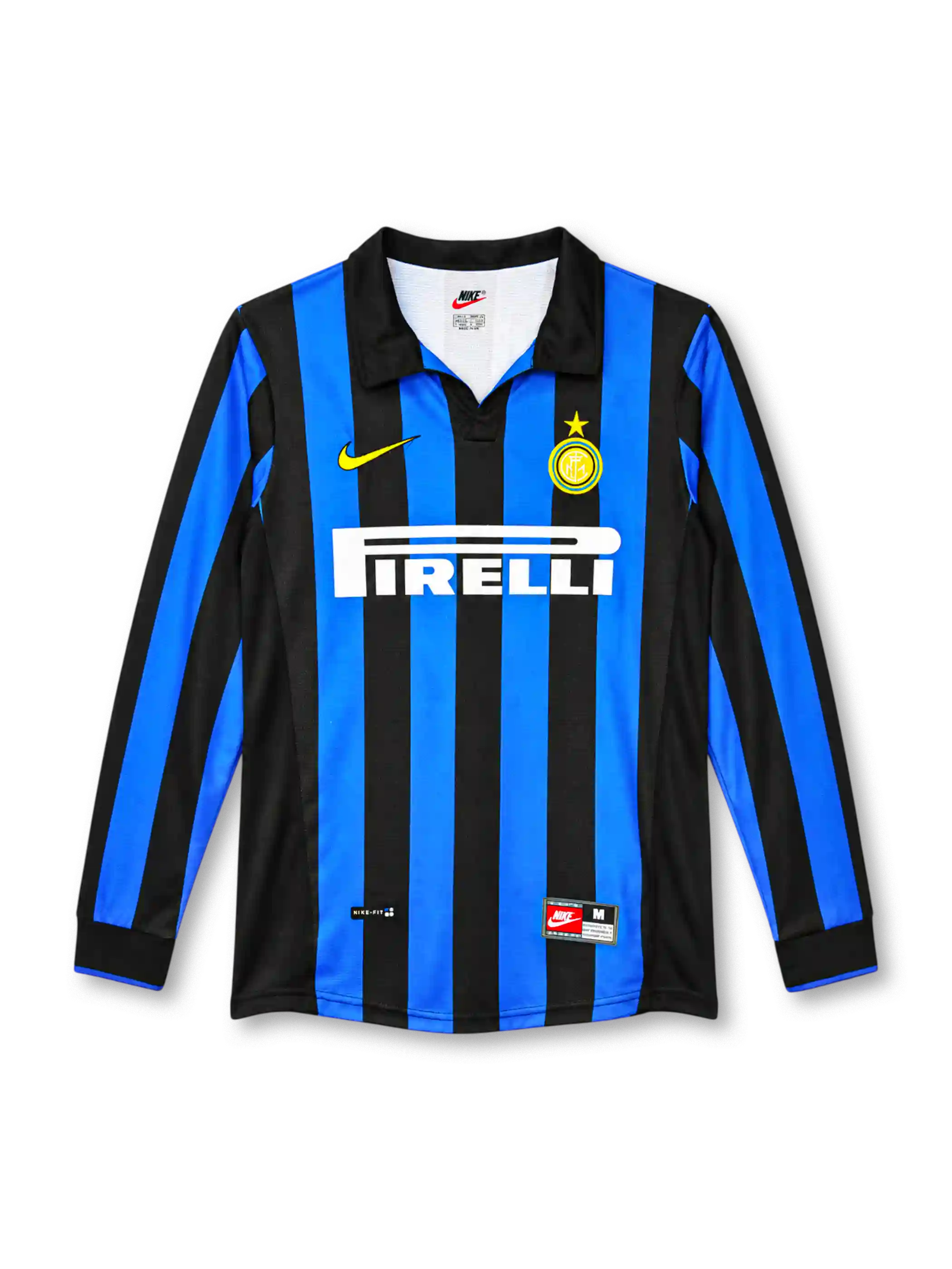 Inter Milan 1998/99 blue and black striped long-sleeve home jersey with black collar, Nike logo and Pirelli sponsor