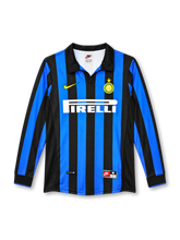 Inter Milan 1998/99 blue and black striped long-sleeve home jersey with black collar, Nike logo and Pirelli sponsor