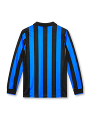 Inter Milan 1998/99 blue and black striped long-sleeve home jersey with black collar, Nike logo and Pirelli sponsor
